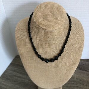 Vtg Black Glass Faceted Beaded Necklace